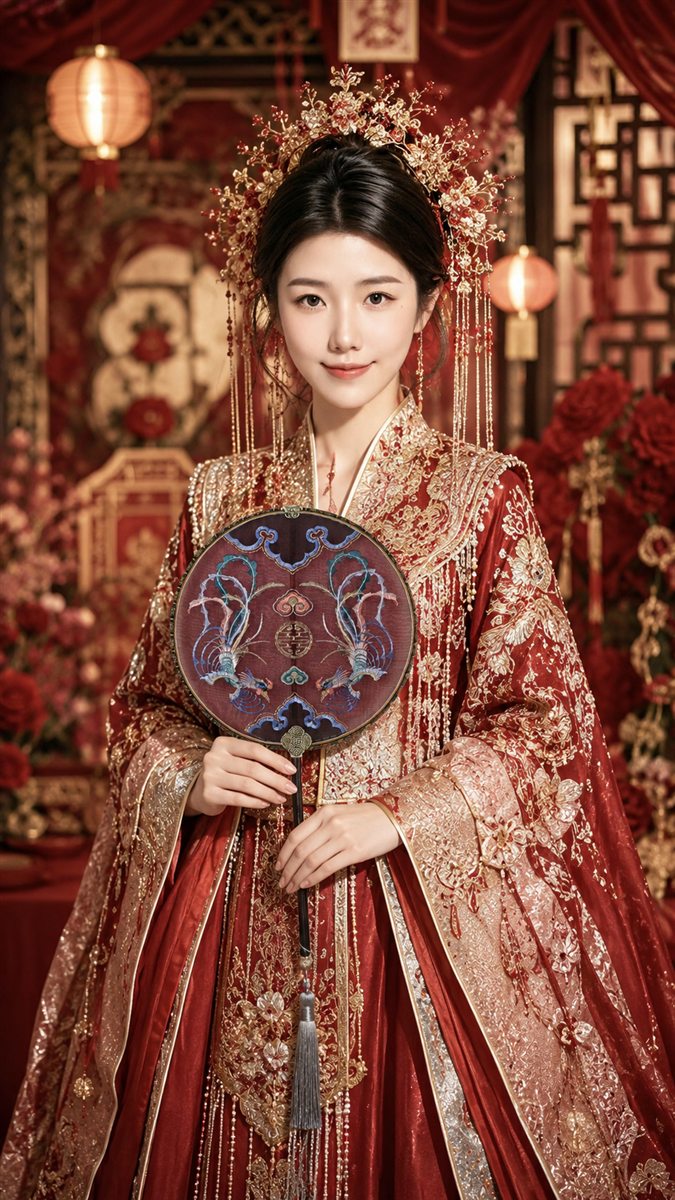Model presenting a high-end Chinese embroidery gift product